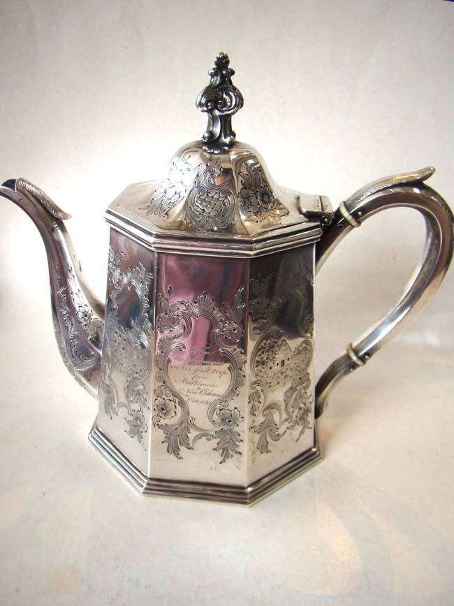 A historically important coin silver teapot presented to the Capt. of the Steamship ALABAMA in 1841